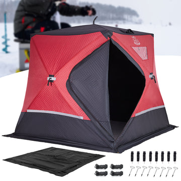 DEERFAMY Ice Fishing Shelter, 3/4/5/6/8 Person Ice Fishing Tent, Pop up Ice Shanty Insulated Tent with Carrying Bag, Ice Anchors, Red/Blue