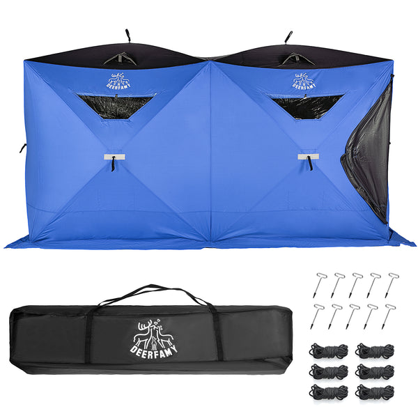 DEERFAMY Ice Fishing Shelter, 3/4/5/6/8 Person Ice Fishing Tent, Pop up Ice Shanty Insulated Tent with Carrying Bag, Ice Anchors, Red/Blue