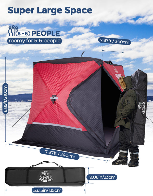 DEERFAMY Ice Fishing Shelter, 3/4/5/6/8 Person Ice Fishing Tent, Pop up Ice Shanty Insulated Tent with Carrying Bag, Ice Anchors, Red/Blue